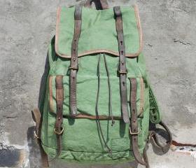 Vintage Top Leather Washed Canvas Backpack Army Green Shoulders bag Satchel