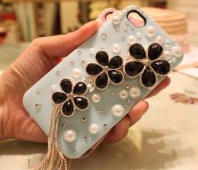 Blue iPhone 4 Case, iPhone Case, sakura floral iphone 4 Case Crystal iphone 4 Case, tassels iPhone 4 Case Rhinestone