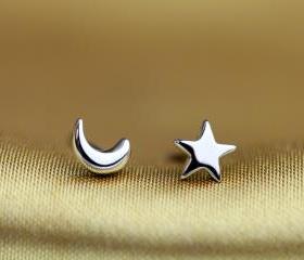 Mini Moon and Star Sterling Silver Stud Earrings